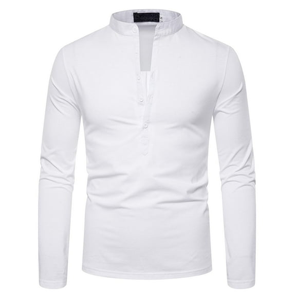 QUINDOS Mens Shirts Men Fall And Winter Fashion Casual Solid V St Neck Long Sleeve Button Comfy Leisure T-shirt