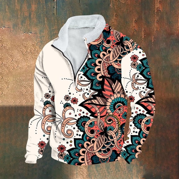 QUINDOS Mens Shirts,Men Fall And Winter Fashion Casual Hoodie Retro Ethnic Printed Stand-up Neck Zipper Long Sleeve Loose Seaw With Pockets Comfortable Work T Shirts