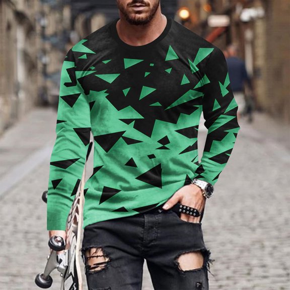 QUINDOS Mens Shirts Men's Fall And Winter Fashion Casual Round Neck Long Sleeve Pullover Stripe Printed Loose Fit Dressy T-shirts