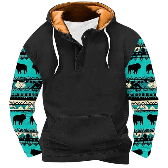 QUINDOS Mens Sweatshirts Hoodie Tall Western Cowboy Print Vintage Hoodies for Men Fleece Long Sleeve Casual Patchwork Pullover Tops Kangaroo Pocket