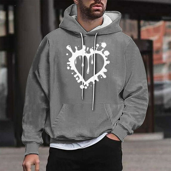 QUINDOS Mens Sweatshirts Zipper Front Heart Graphic Hoodies for Men Cool Long Sleeve Casual Pullover Tops Kangaroo Pocket