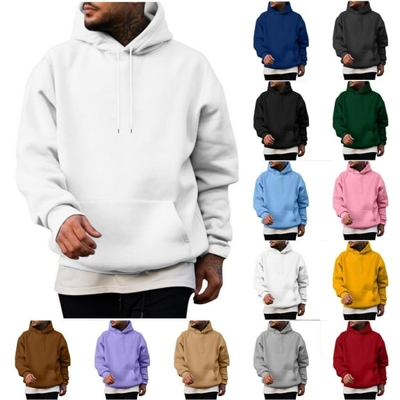 QUINDOS Mens Sweatshirts with Sherpa Solid Color Hoodies for Men Oversized Long Sleeve Casual Pullover Tops Kangaroo Pocket
