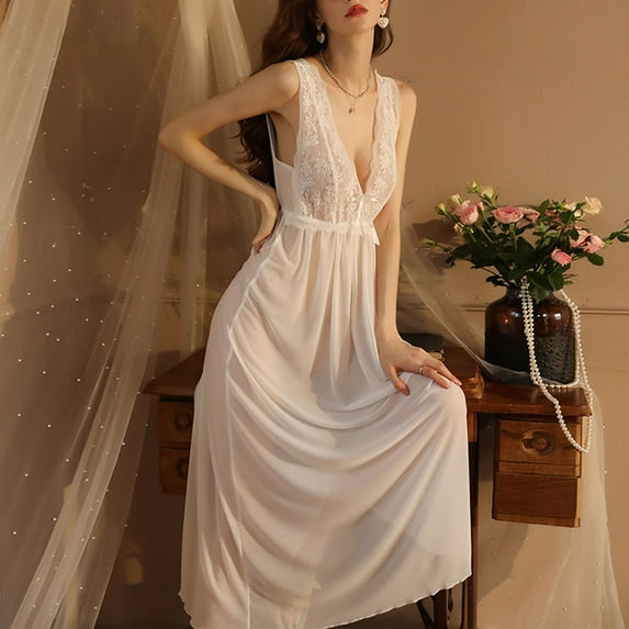 QUINDOS Mesh Pajamas for Women Lace Perspective Nightgowns for Women Long Midi Sleep Dress Casual Solid Sleeveless Sleepwear Night Dress