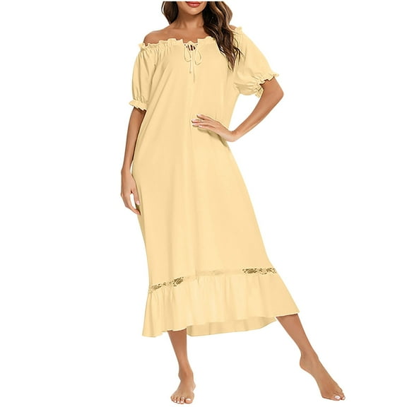 QUINDOS Pajamas for Women Long Midi Nightgowns for Women Short Sleeve Bow Sleep Dress Casual Solid Loose Home Wear Night Dress