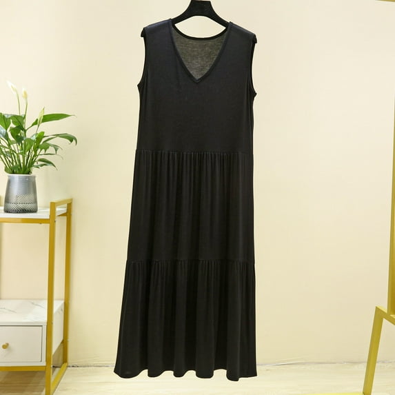 QUINDOS Pajamas for Women Long Midi Nightgowns for Women Sleeveless V Neck Sleep Dress Casual Solid Pleated Loose Sleepwear Night Dress