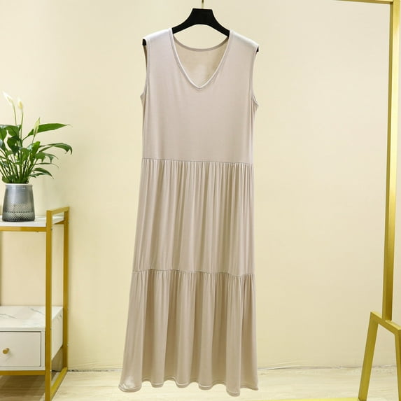 QUINDOS Pajamas for Women Long Midi Nightgowns for Women Sleeveless V Neck Sleep Dress Casual Solid Pleated Loose Sleepwear Night Dress