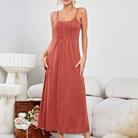 QUINDOS Pajamas for Women Long Midi Nightgowns for Women Sling Pleated Suspenders Casual Strap Slim Home Wear Night Dress