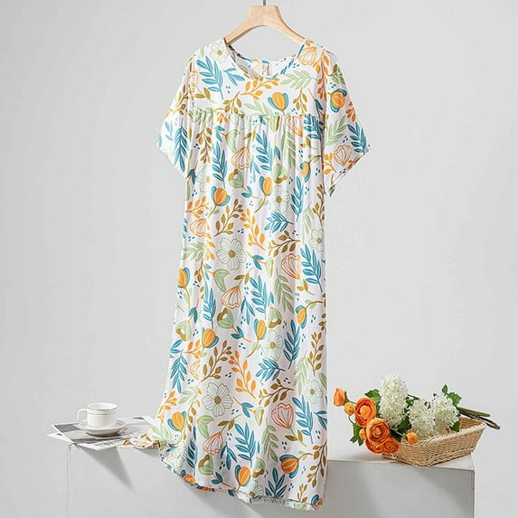 QUINDOS Pajamas for Women Mid Length Long Nightgowns for Women Crew Neck Pleated Sleep Dress Casual Short Sleeve Print Home Wear Night Dress