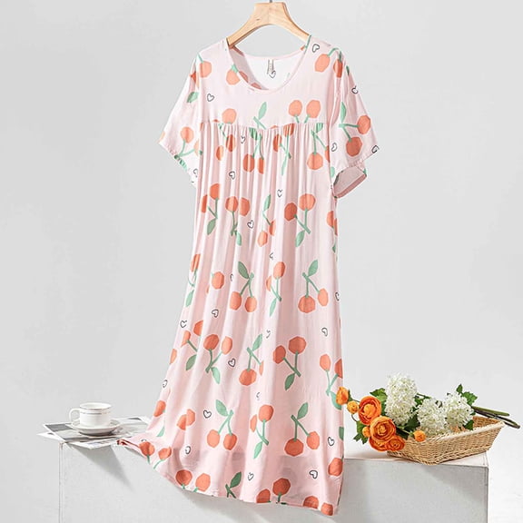 QUINDOS Pajamas for Women Mid Length Long Nightgowns for Women Polka Dot Pleated Sleep Dress Casual Short Sleeve Crew Neck Home Wear Night Dress