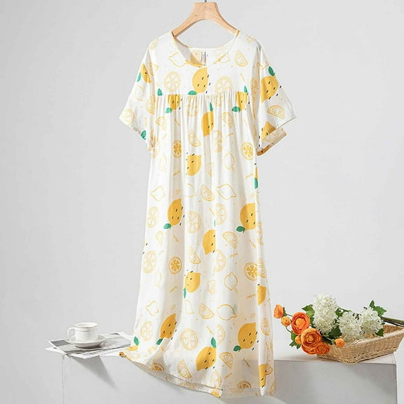 QUINDOS Pajamas for Women Mid Length Long Nightgowns for Women Short Sleeve Pleated Sleep Dress Casual Crew Neck Print Home Wear Night Dress
