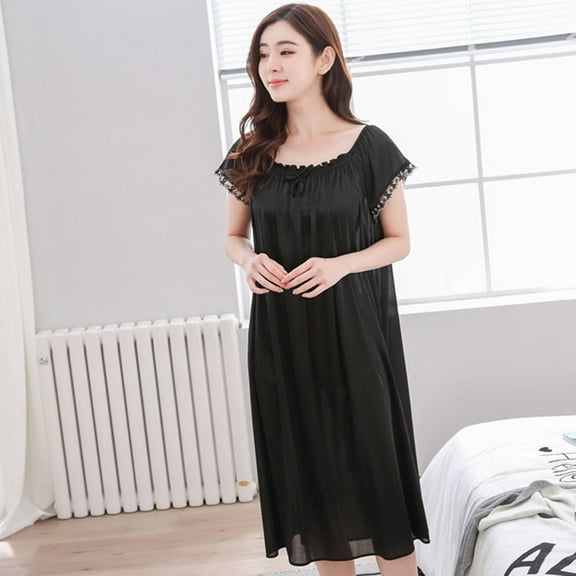 QUINDOS Pajamas for Women Midi Long Nightgowns for Women Short Sleeve Pleated Sleep Dress Casual Lace Bow Sleepwear Night Dress