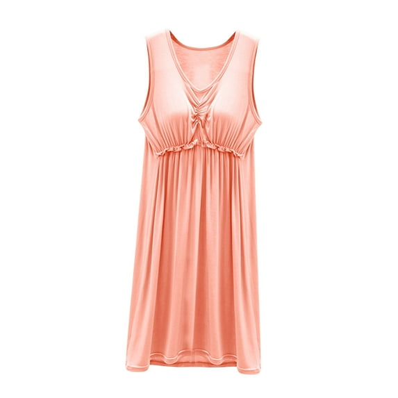 QUINDOS Pajamas for Women Midi Long Nightgowns for Women Sleeveless Padded Sleep Dress Casual Solid Pleated Sleepwear Night Dress