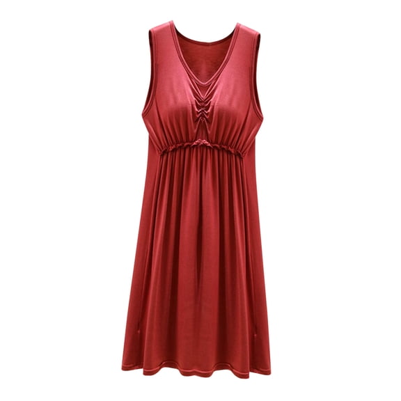 QUINDOS Pajamas for Women Midi Long Nightgowns for Women Sleeveless Padded Sleep Dress Casual Solid Pleated Sleepwear Night Dress