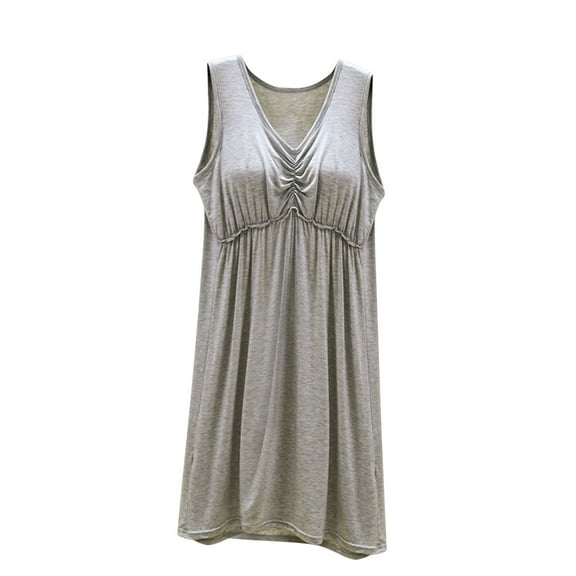 QUINDOS Pajamas for Women Midi Long Nightgowns for Women Sleeveless Padded Sleep Dress Casual Solid Pleated Sleepwear Night Dress