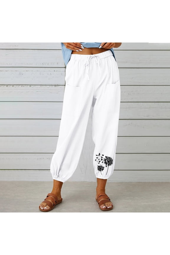 Pants for Women Taper Ankle Length High Waisted Activewear Sweatpants Cotton Linen Print Athletic Fit Pants with Pockets