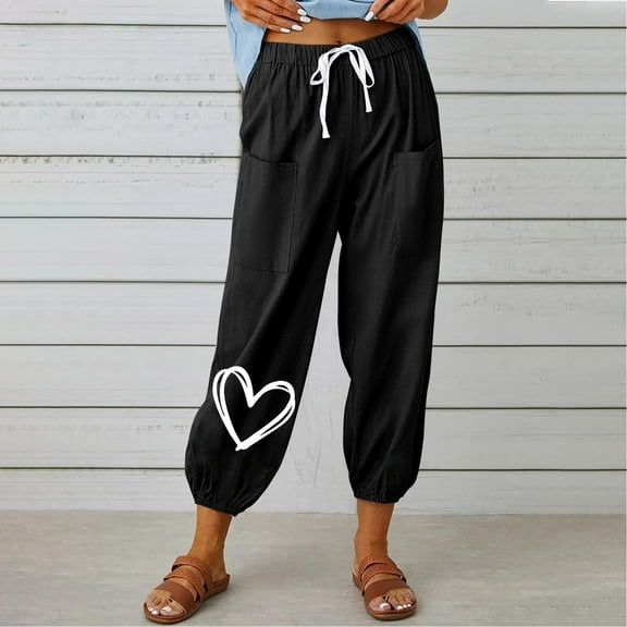 QUINDOS Pants for Women Taper High Waisted Ankle Length Outerwear Sweatpants Cotton Linen Heart Print Athletic Fit Pants with Pockets