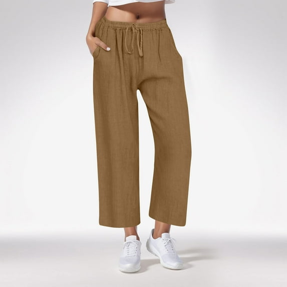 QUINDOS Pants for Women Plus Size Straight Leg High Waisted Long Casual Trousers Cotton Linen Drawstring Loose Pants with Pockets