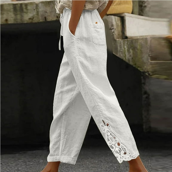 QUINDOS Pants for Women Plus Size Wide Leg Ankle Length High Waisted Casual Sweatpants Cotton Linen Drawstring Relaxed Fit Pants with Pockets