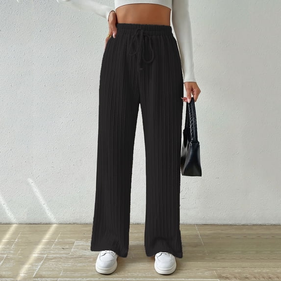 QUINDOS Pants for Women Plus Size Wide Leg Long High Waisted Casual Pants Knit Drawstring Straight Fit Trousers with Pockets