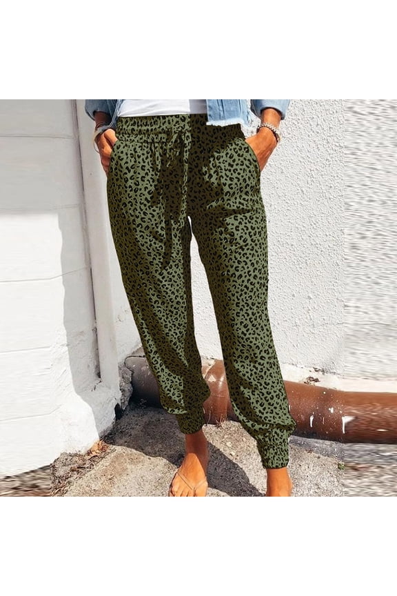 Pants for Women Taper High Waisted Ankle Length Athletic Sweatpants Leopard Loose Pants with Pockets