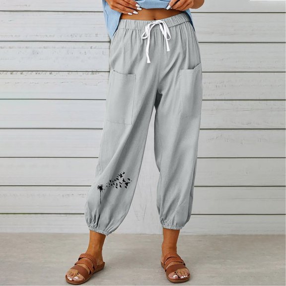 QUINDOS Pants for Women Taper High Waisted Ankle Length Outerwear Sweatpants Cotton Linen Floral Athletic Fit Pants with Pockets