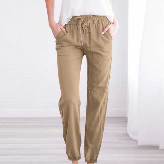 QUINDOS Pants for Women Taper Long High Waisted Casual Trousers Cotton Linen Pull on Loose Pants with Pockets