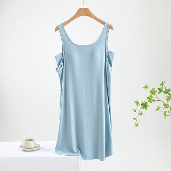 QUINDOS Plus Size Pajamas for Women Mid Length Sleeveless Nightgowns for Women Strap Pleated Sleep Dress Casual Pirnt Crew Neck Loose Sleepwear Night Dress