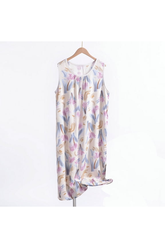 Plus Size Pajamas for Women Mid Length Sleeveless Nightgowns for Women Strap Pleated Sleep Dress Casual Pirnt Crew Neck Loose Sleepwear Night Dress