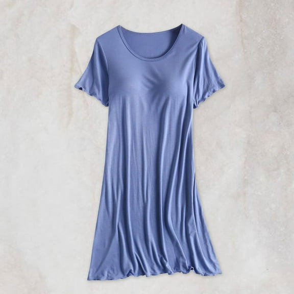 QUINDOS Plus Size Pajamas for Women One Piece Mid Length Nightgowns for Women Padded Short Sleeve Sleep Dress Casual Crew Neck Solid Loose Sleepwear Night Dress