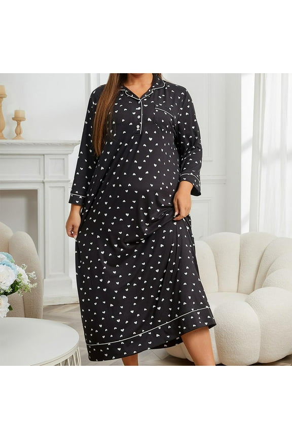 Plus Size Pajamas for Women Button Down Midi Nightgowns for Women Polka Dot Long Sleeve Sleep Dress Casual Solid Loose Home Wear Night Dress
