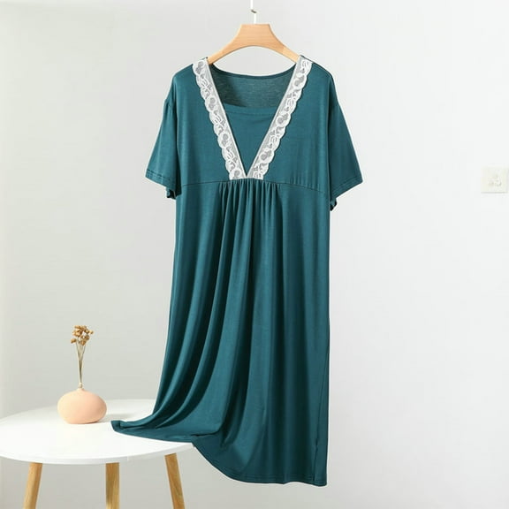 QUINDOS Plus Size Pajamas for Women Long Midi Nightgowns for Women Lace Patchwork Pleated Sleep Dress Casual Solid V Neck Loose Sleepwear Night Dress