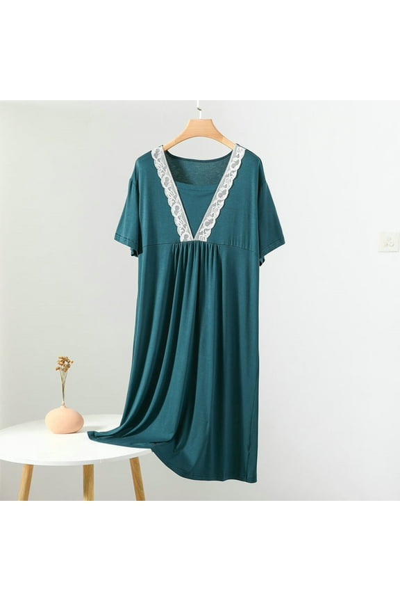 Plus Size Pajamas for Women Long Midi Nightgowns for Women Lace Patchwork Pleated Sleep Dress Casual Solid V Neck Loose Sleepwear Night Dress