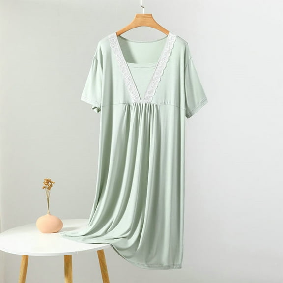 QUINDOS Plus Size Pajamas for Women Long Midi Nightgowns for Women Lace Patchwork Pleated Sleep Dress Casual Solid V Neck Loose Sleepwear Night Dress