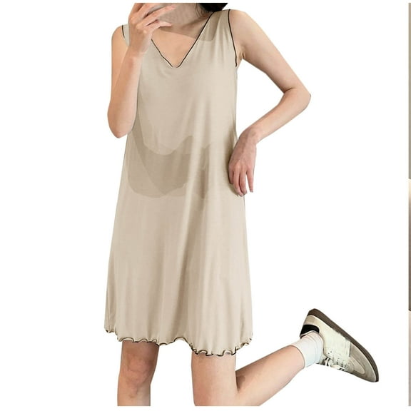 QUINDOS Plus Size Pajamas for Women Satin Silk Nightgowns for Women Long Sleeveless Sleep Shirt Casual Solid Loose Sleepwear Night Dress