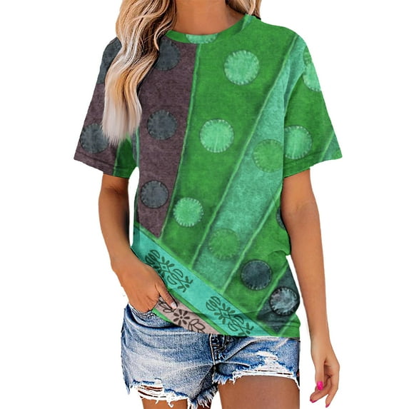 QUINDOS Polka Dot Girls T Shirts Short Sleeve Green Summer Womens Plus Tops Crew Neck Vintage Cool Tops