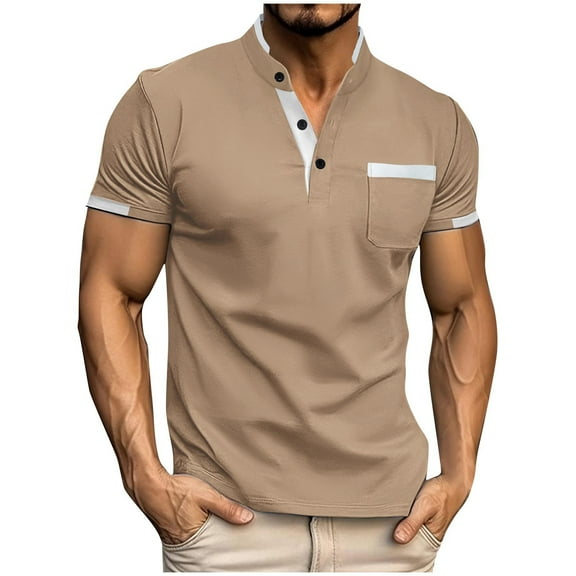 QUINDOS Polo Mens Shirts Big and Tall High Neck Short Sleeve Casual Shirts Pocekts Vacation Loose Solid T-shirts