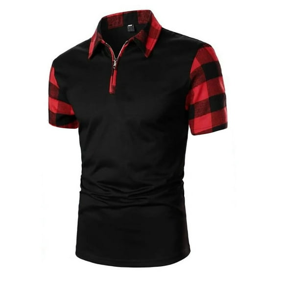 QUINDOS Polo Mens Shirts Casual Collared Short Sleeve Shirts Regular Fit Loose Patchwork Plaid Solid T-shirts