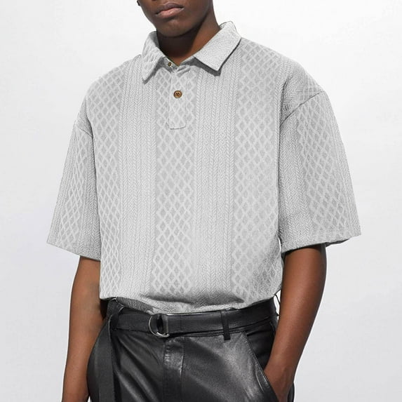 QUINDOS Polo Mens Shirts Casual Elbow-Length Collared Shirts Loose Solid Summer Vacation T-shirts