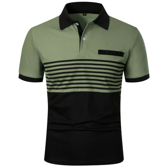 QUINDOS Polo Shirts for Men Big and Tall Collared Casual Short Sleeve Shirts Relaxed Fit Patchwork Golf Striped T-shirts