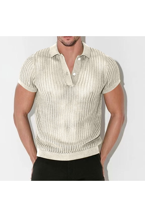 Polo Shirts for Men Collared Short Sleeve Casual Shirts Hollow Out Perspective Loose Solid T-shirts