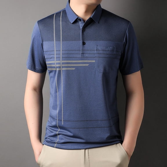QUINDOS Polo Shirts for Men Collared Short Sleeve Casual Shirts Striped Work Loose Golf T-shirts