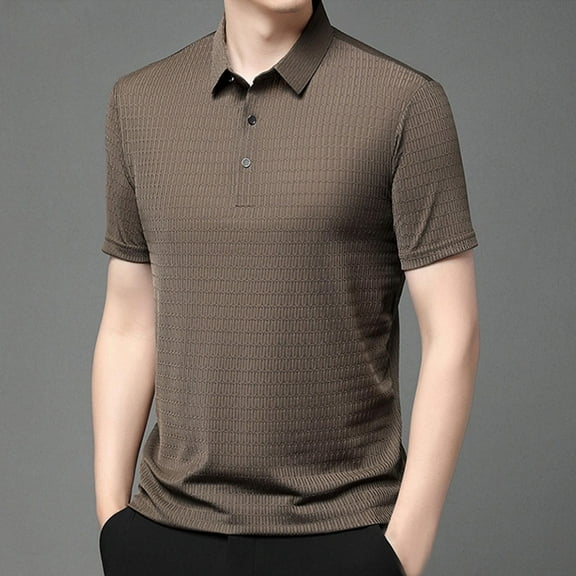 QUINDOS Polo Shirts for Men Short Sleeve Casual Collared Shirts Vacation Waffle Loose Striped T-shirts