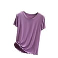 thumbnail image 1 of QUINDOS Purple Womens Shirts Summer Cotton Tunic Short Sleeve Womes Plus Size Tops Solid Outdoor Ruffle Hem Crew Neck Tops, 1 of 4