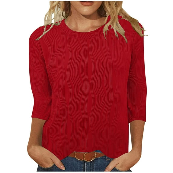 QUINDOS Red Woman T Shirts 3/4 Sleeve Summer Womens Tops Plus Size Crew Neck Walk Wave Solid Tops