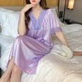 thumbnail image 1 of QUINDOS Satin Pajama for Women Silk Long Nightgowns for Women Knee Length Short Sleeve Sleep Dress Casual Solid Lace Patchwork Bow Sleepwear Night Dress, 1 of 1