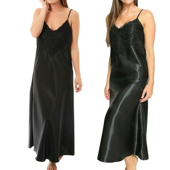 QUINDOS Satin Pajama for Women Silk Long Nightgowns for Women Sling Lace Suspenders Casual Solid Loose Club Wear Night Dress