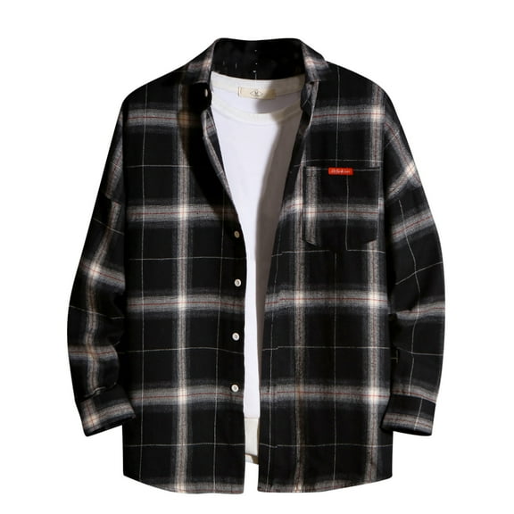 QUINDOS Shirts for Men 2024,Mens Fall And Winter Fashion Casual Plaid Loose Youth Long Sleeve Coat Long Sleeve Turndown Collar Loose Fit Vacation T-shirts