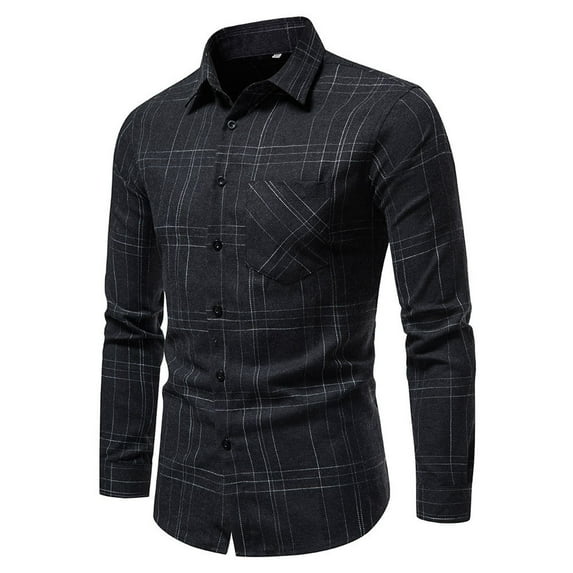 QUINDOS Shirts for Men 2024,Mens Fall And Winter Fashion Casual Long-sleeved Lapel Plus Plaid Business Long Sleeve Turndown Collar Comfy Vacation T-shirt