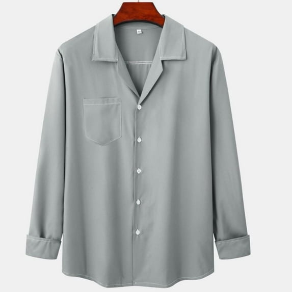 QUINDOS Shirts for Men,Mens Fall And Winter Fashion Casual Daily Long Sleeve Solid Color Loose Pocket For Long Sleeve Turndown Collar Loose Workout Tee Shirts