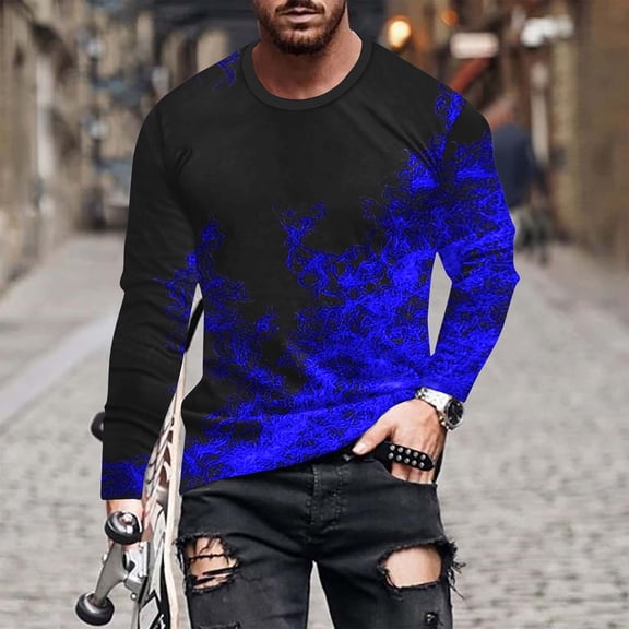 QUINDOS Shirts for Men 2024,Men Fall And Winter Fashion Casual Round Neck Long Sleeve Pullover Printed Loose Vacation Tee Shirts